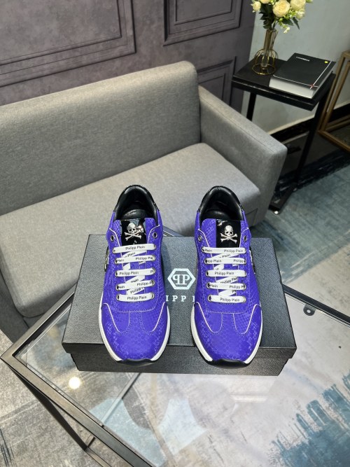 Philipp Plein Men's Purple Leather Lace-Up Sneakers with Skull Detail 1 Philipp Plein Men's Purple Leather Lace-Up Sneakers with Skull Detail