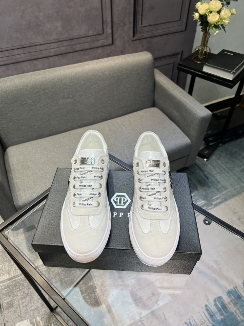 Philipp Plein Men's White Leather Sneakers With Metal Logo Hardware 1 Philipp Plein Men's White Leather Sneakers With Metal Logo Hardware