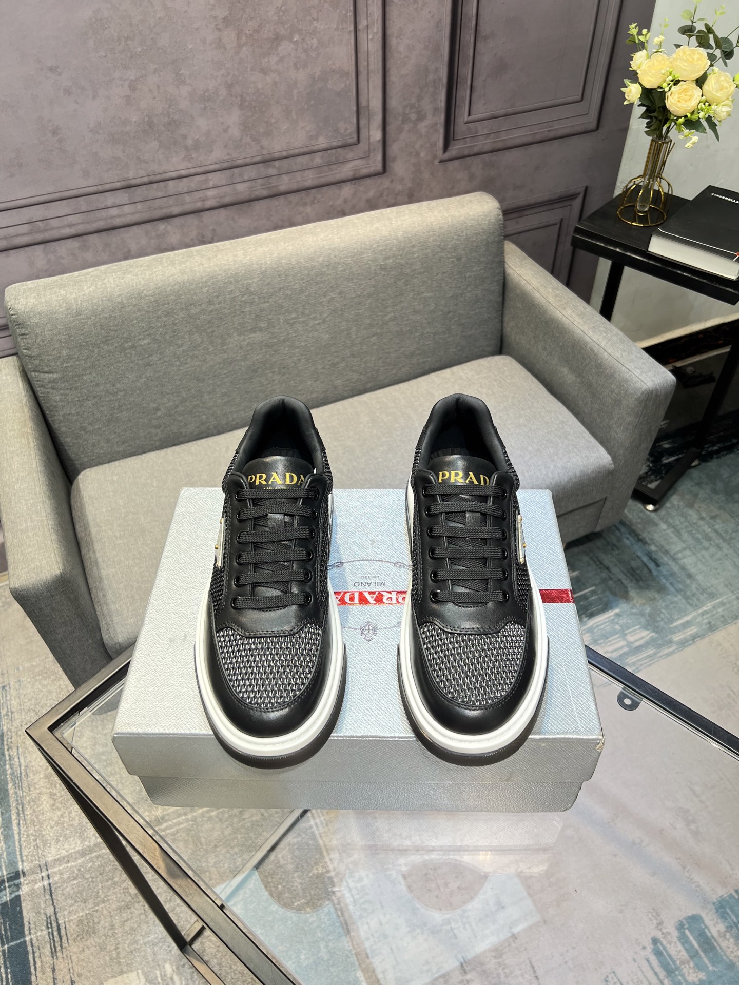 Prada Men's Black Leather and Mesh Lace-Up Sneakers - Stylish & Comfortable