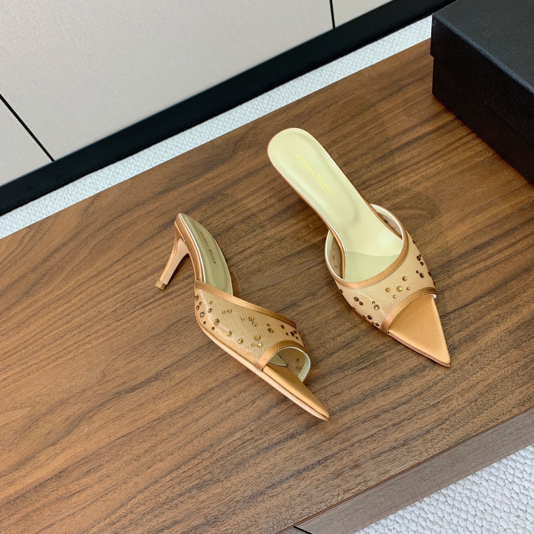 【Anderea Wazen】网钻拖鞋。非常的美，上脚无敌了。鞋面进口网面烫钻。羊皮垫脚。真皮大底，跟高