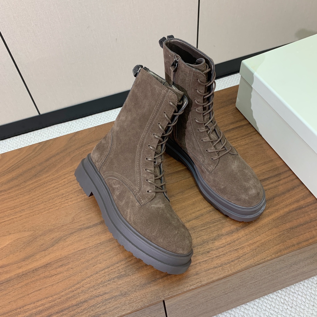 【BRUNELL* CUCINELL*】新款绑带短靴。鞋面牛反绒，牛皮。羊皮内里，原版开模五金，橡胶大底