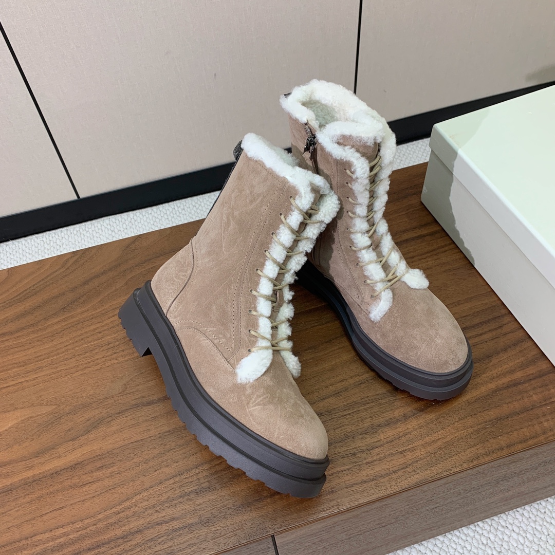 【BRUNELL* CUCINELL*】系带毛里短靴。鞋面牛反绒，牛皮。羊毛内里，原版开模五金，橡胶大底