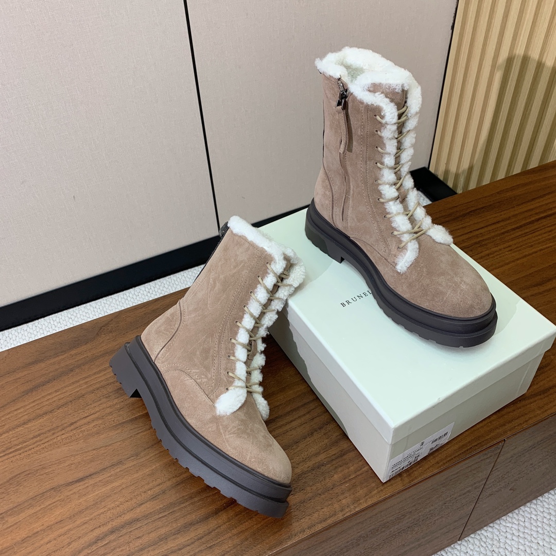 【BRUNELL* CUCINELL*】系带毛里短靴。鞋面牛反绒，牛皮。羊毛内里，原版开模五金，橡胶大底