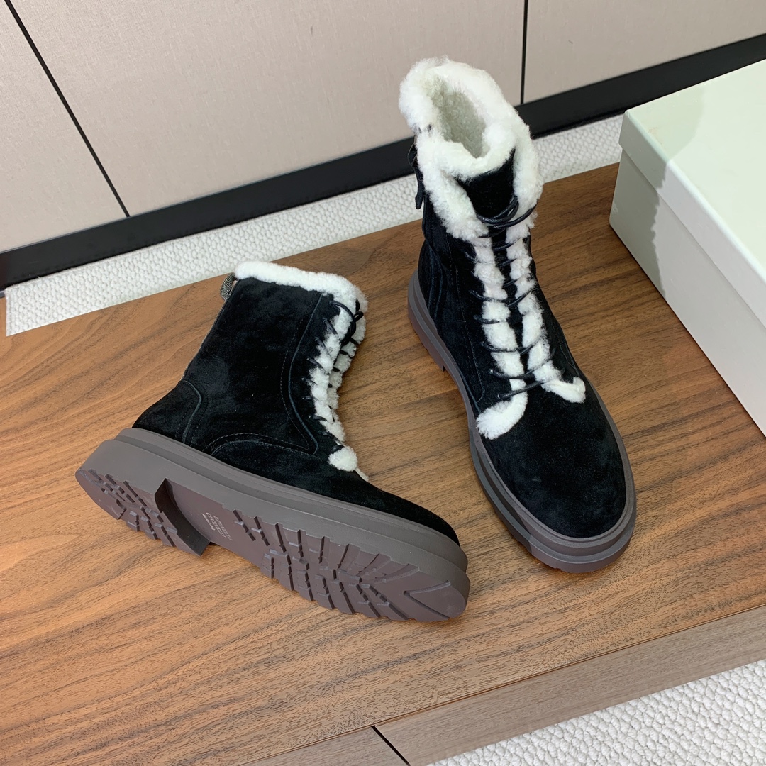 【BRUNELL* CUCINELL*】系带毛里短靴。鞋面牛反绒，牛皮。羊毛内里，原版开模五金，橡胶大底