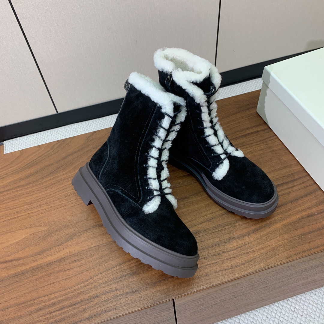 【BRUNELL* CUCINELL*】系带毛里短靴。鞋面牛反绒，牛皮。羊毛内里，原版开模五金，橡胶大底