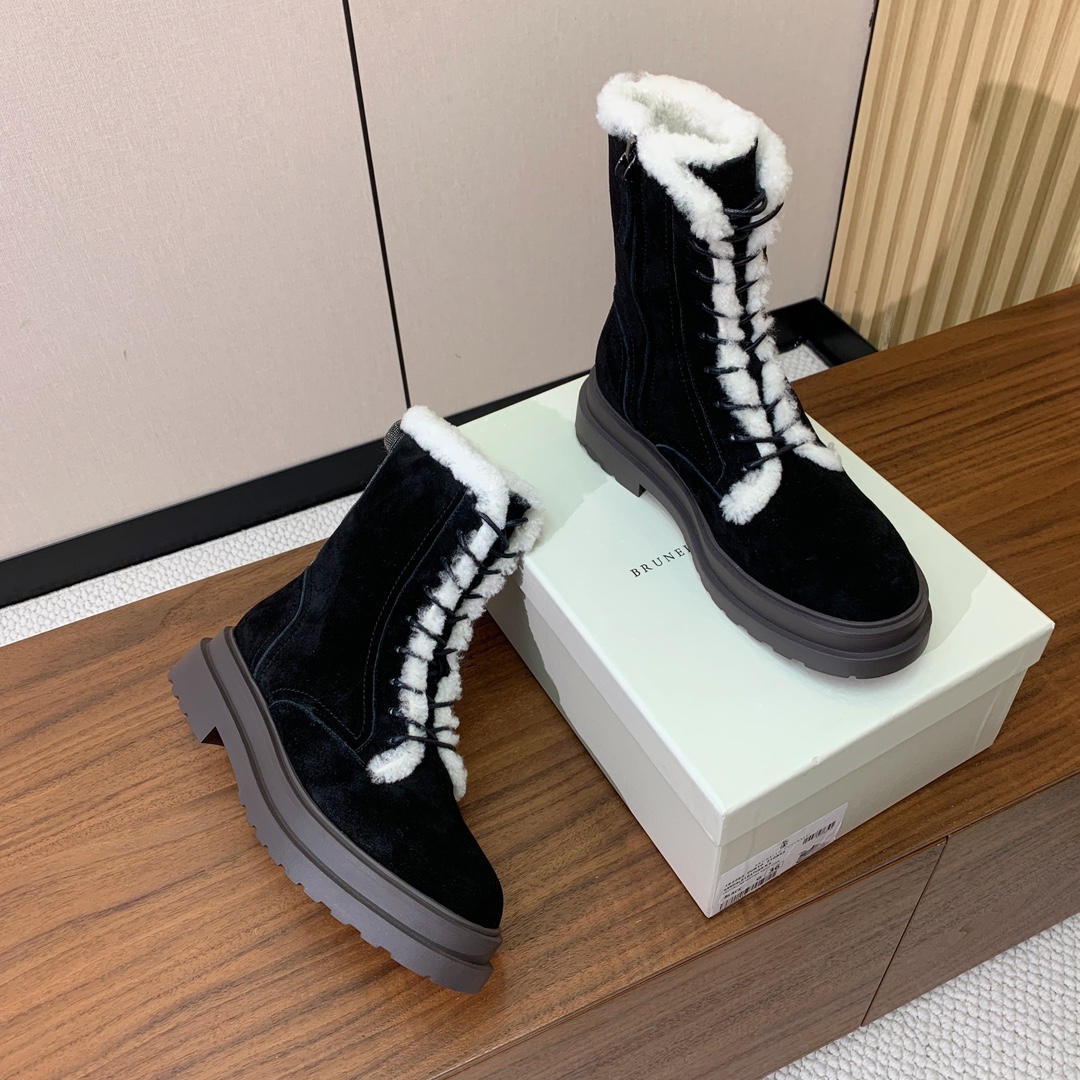 【BRUNELL* CUCINELL*】系带毛里短靴。鞋面牛反绒，牛皮。羊毛内里，原版开模五金，橡胶大底