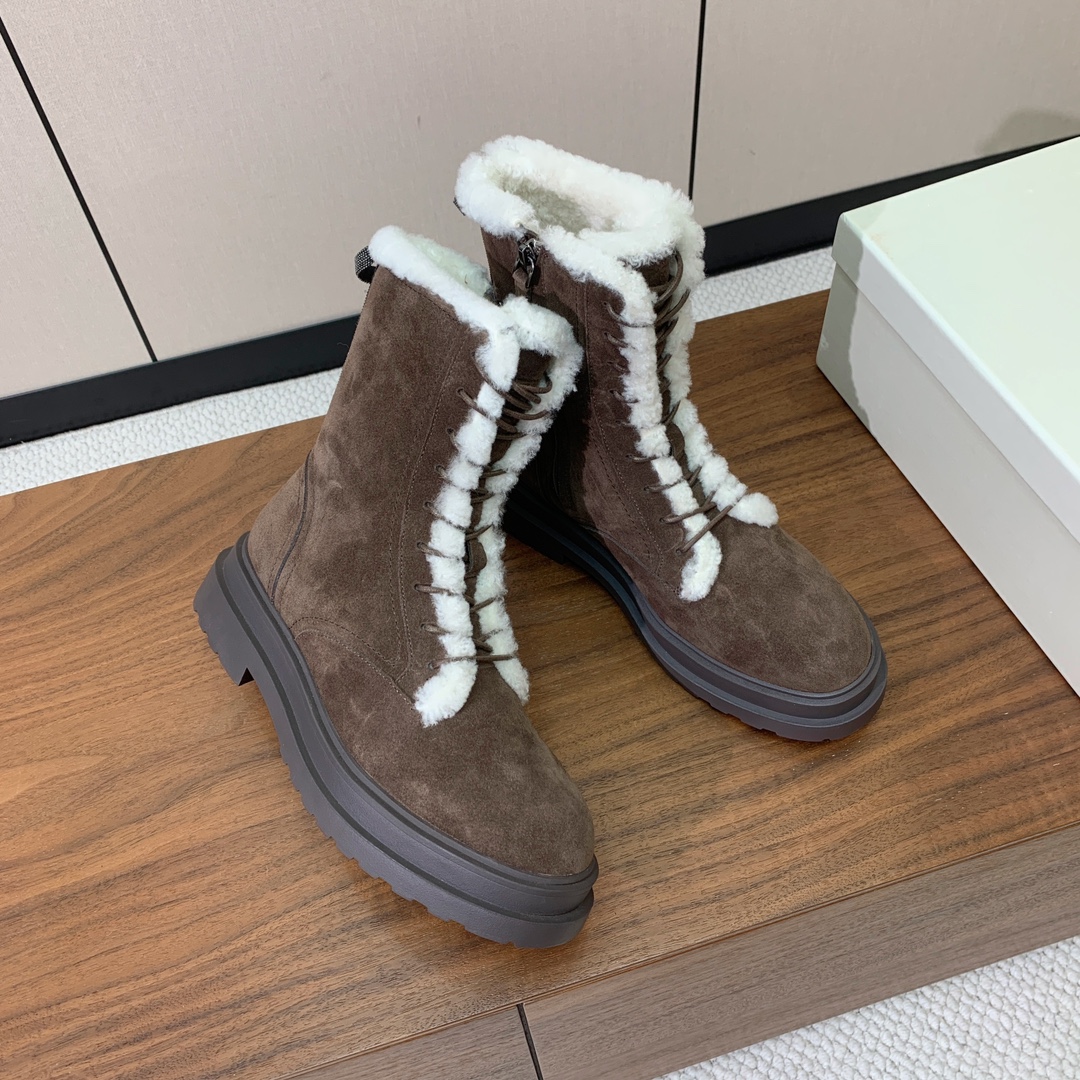 【BRUNELL* CUCINELL*】系带毛里短靴。鞋面牛反绒，牛皮。羊毛内里，原版开模五金，橡胶大底