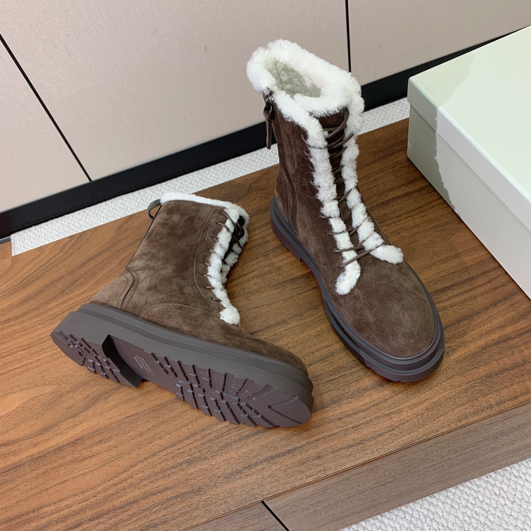 【BRUNELL* CUCINELL*】系带毛里短靴。鞋面牛反绒，牛皮。羊毛内里，原版开模五金，橡胶大底