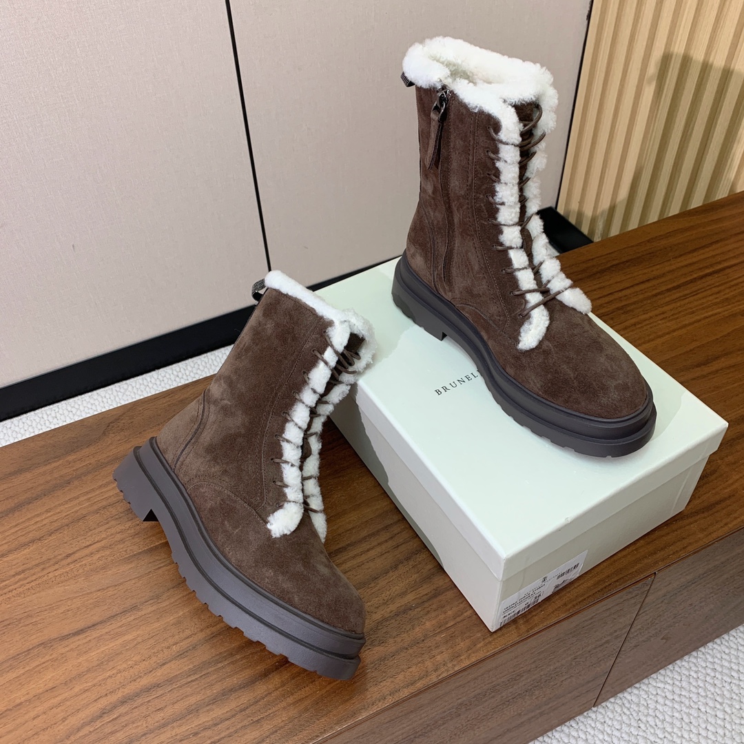 【BRUNELL* CUCINELL*】系带毛里短靴。鞋面牛反绒，牛皮。羊毛内里，原版开模五金，橡胶大底