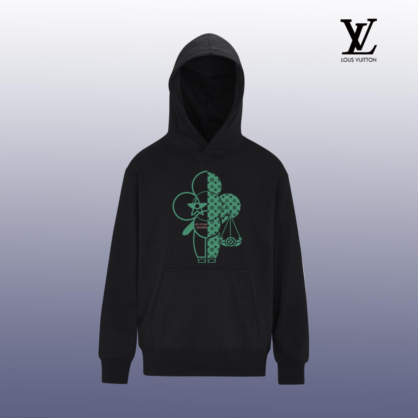 Louis Vuitton Black Cotton Fleece Hoodie with Designer Print, Unisex Style