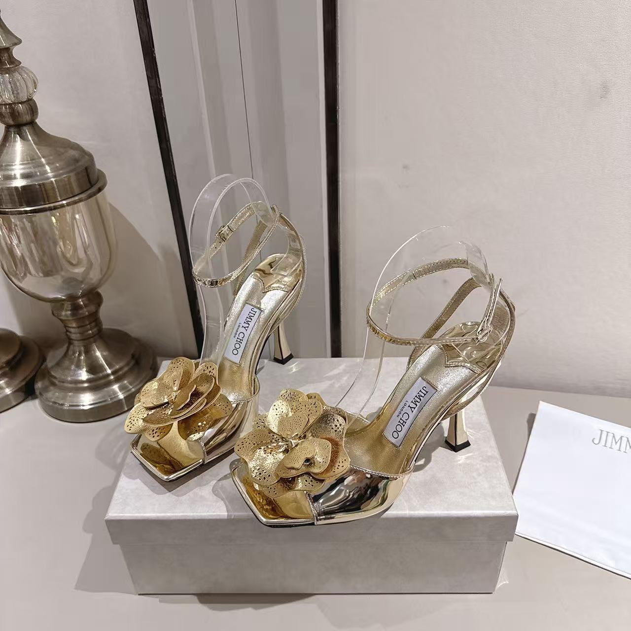 Metallic Gold 3D Floral Square Toe Slingback Sanda
