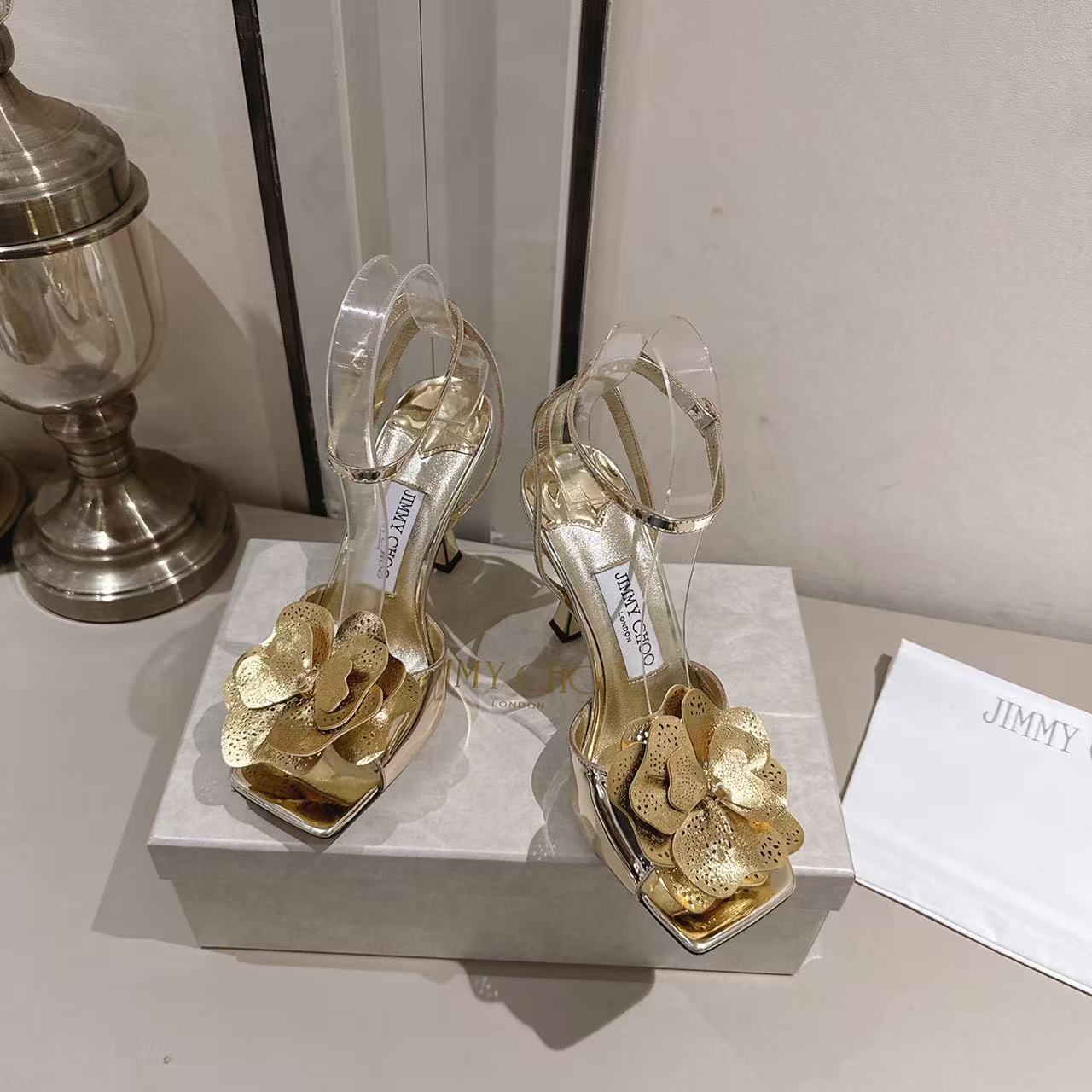 Metallic Gold 3D Floral Square Toe Slingback Sanda
