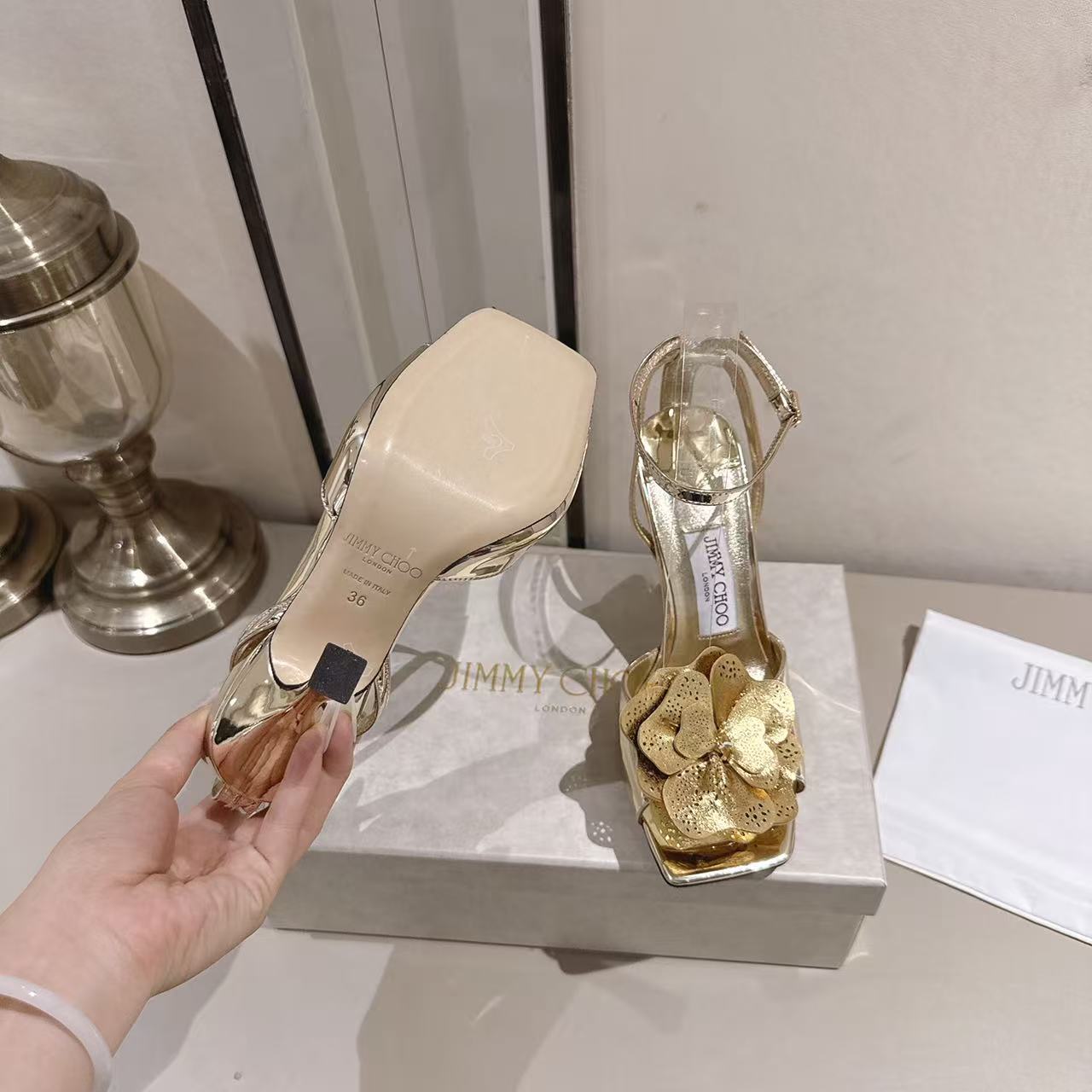 Metallic Gold 3D Floral Square Toe Slingback Sanda