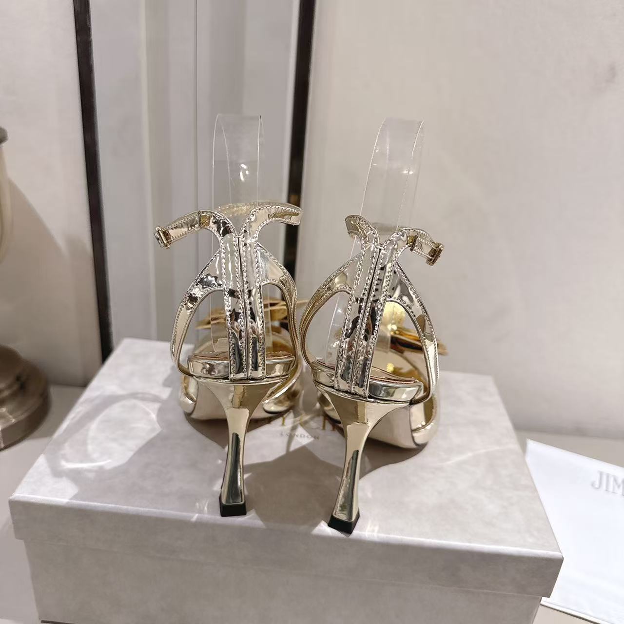 Metallic Gold 3D Floral Square Toe Slingback Sanda