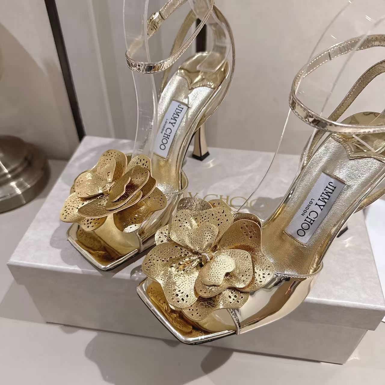 Metallic Gold 3D Floral Square Toe Slingback Sanda