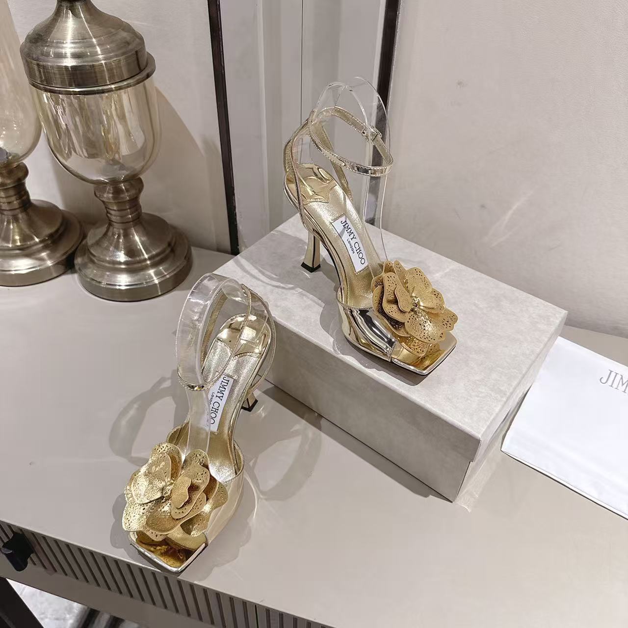 Metallic Gold 3D Floral Square Toe Slingback Sanda