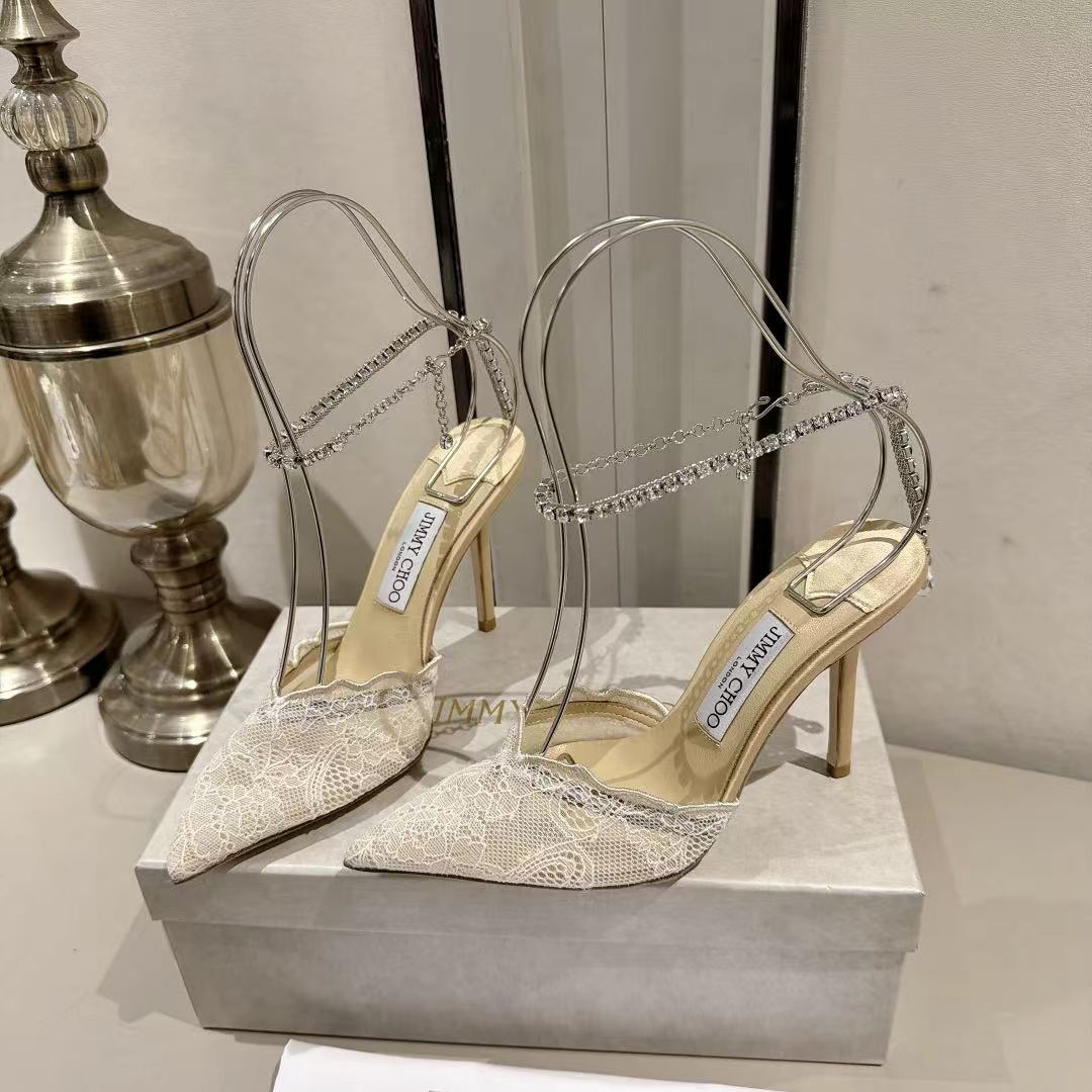 Jimmy Choo Wavy Lace Crystal Chain Slingback Pumps