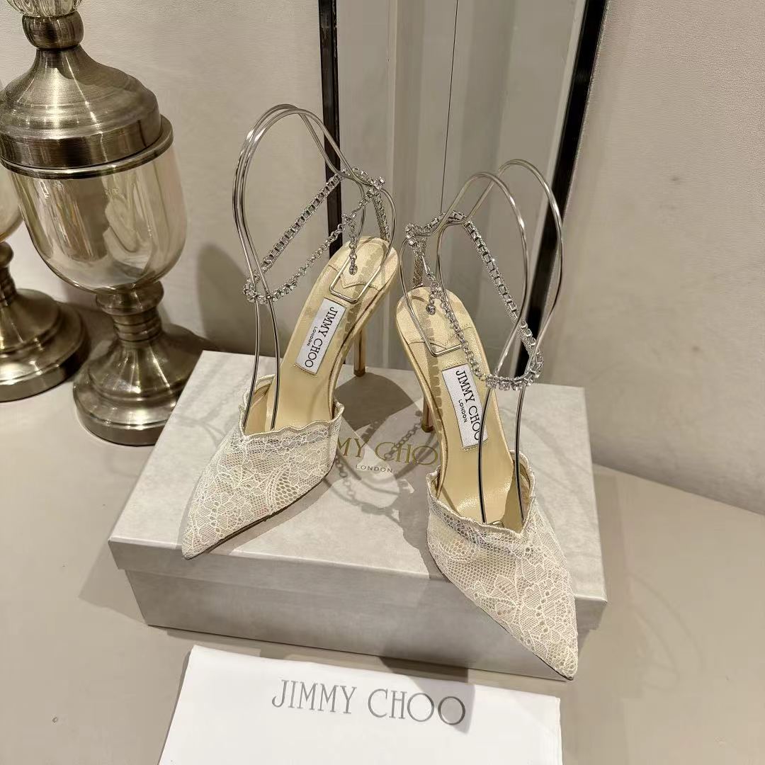 Jimmy Choo Wavy Lace Crystal Chain Slingback Pumps