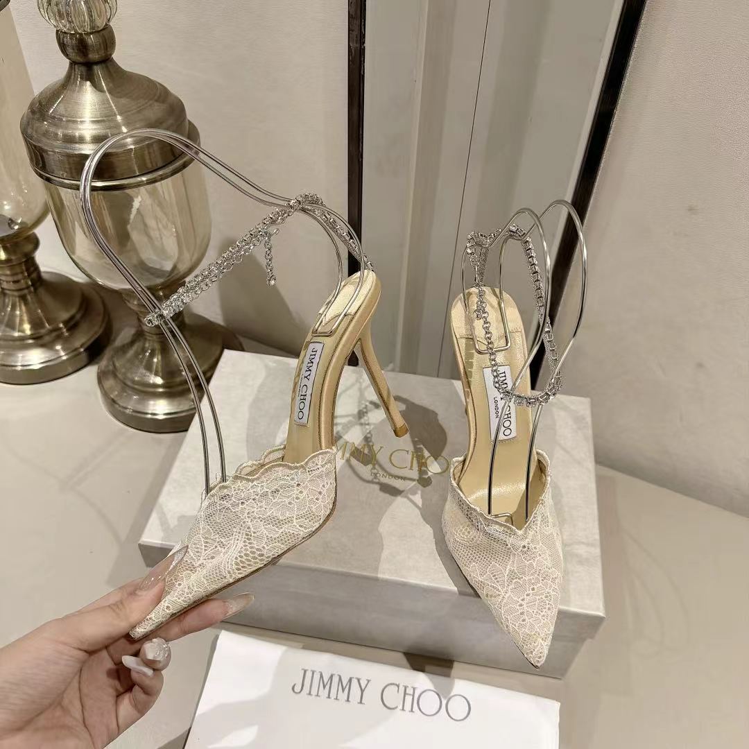 Jimmy Choo Wavy Lace Crystal Chain Slingback Pumps