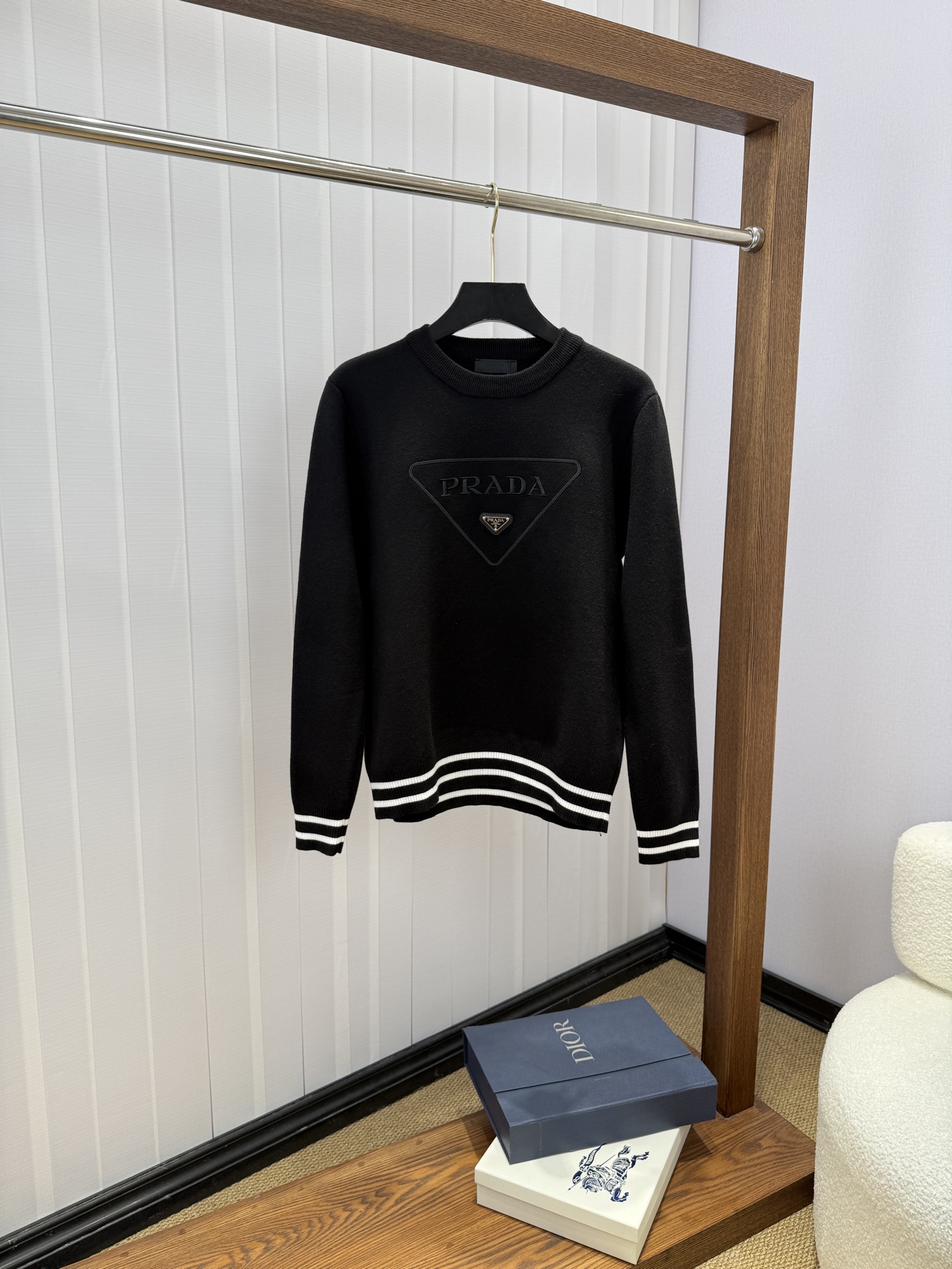 Prada Black Striped Trim Logo Sweater
