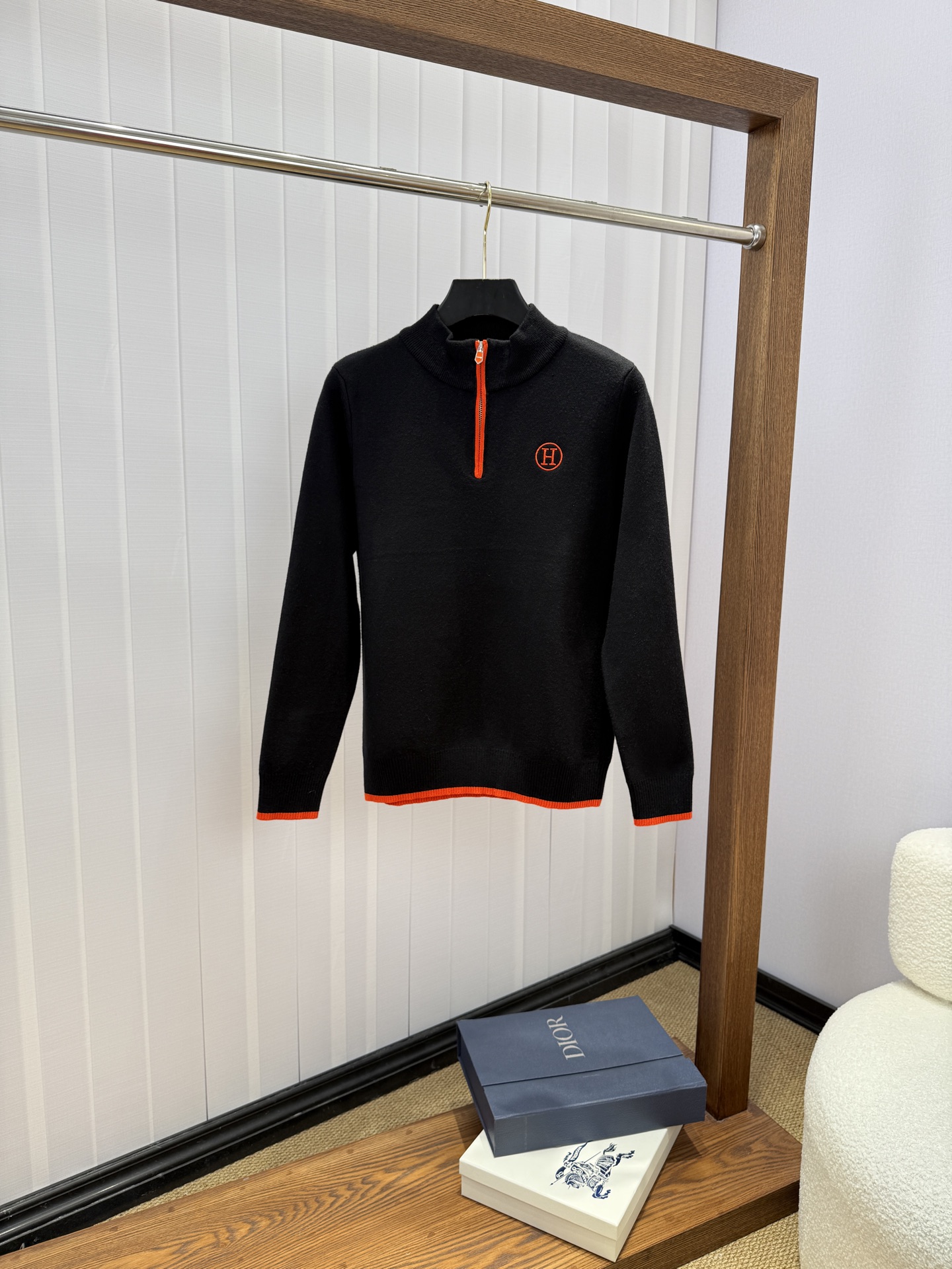 Hermes Black Contrast Trim Half-Zip Sweater