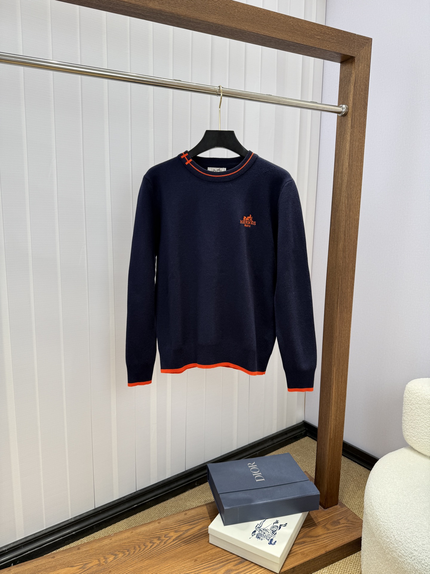 Hermes Navy Contrast Trim Sweater