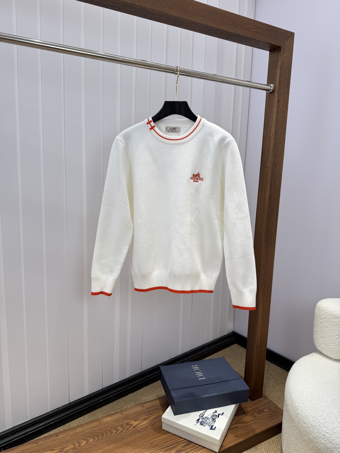 Hermes White Contrast Trim Sweater