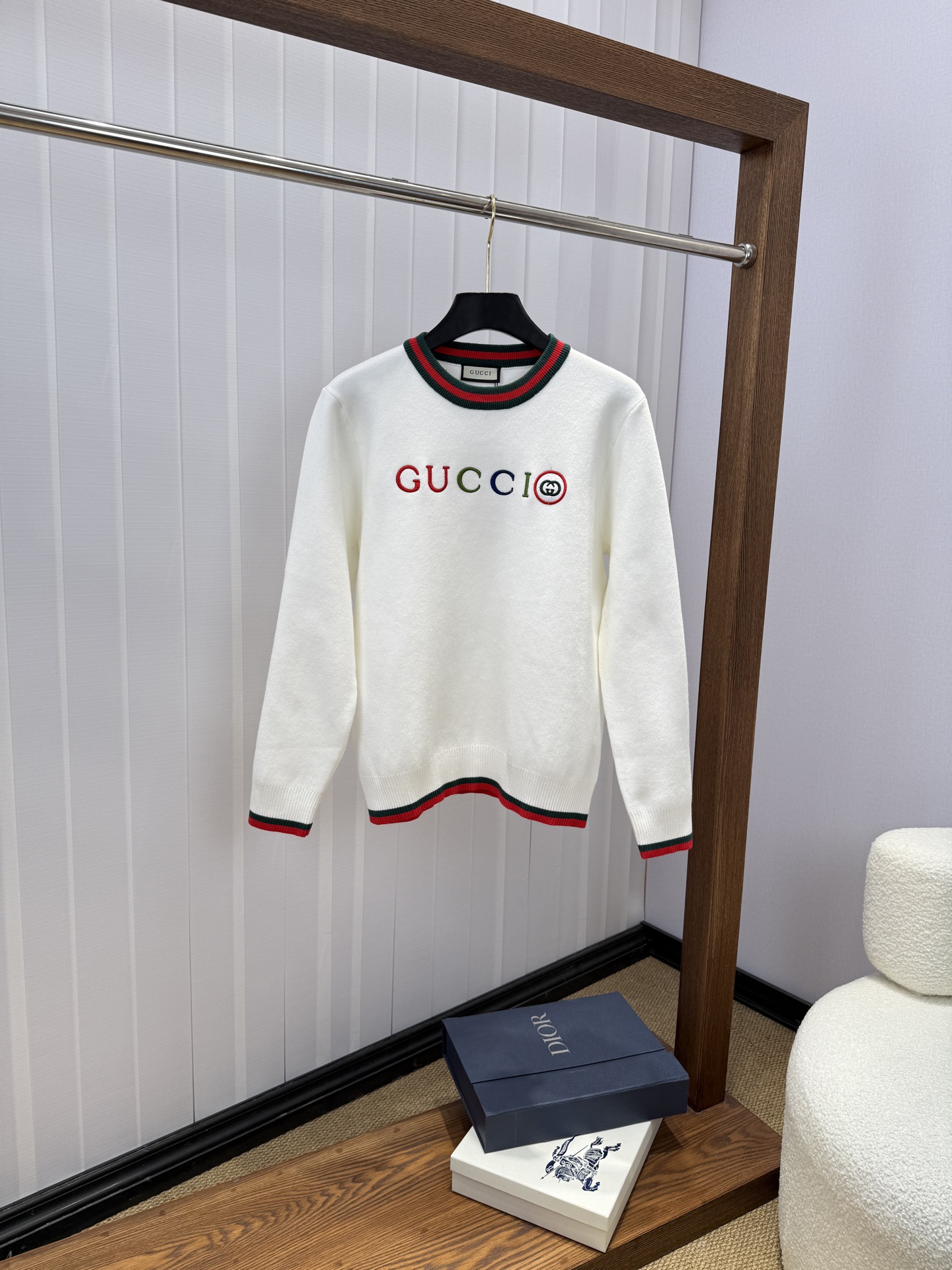 Gucci White Logo Striped Trim Sweater