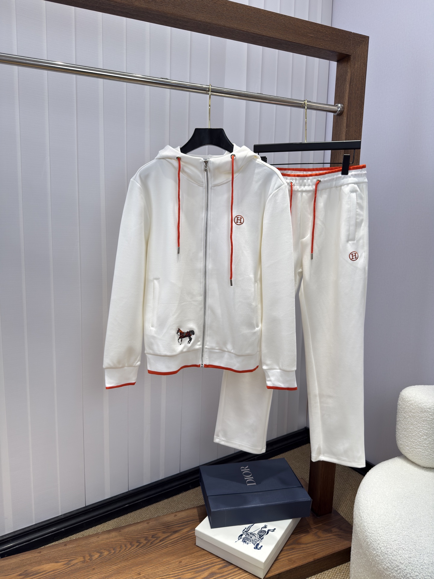 Hermes White Orange Trim Hooded Tracksuit