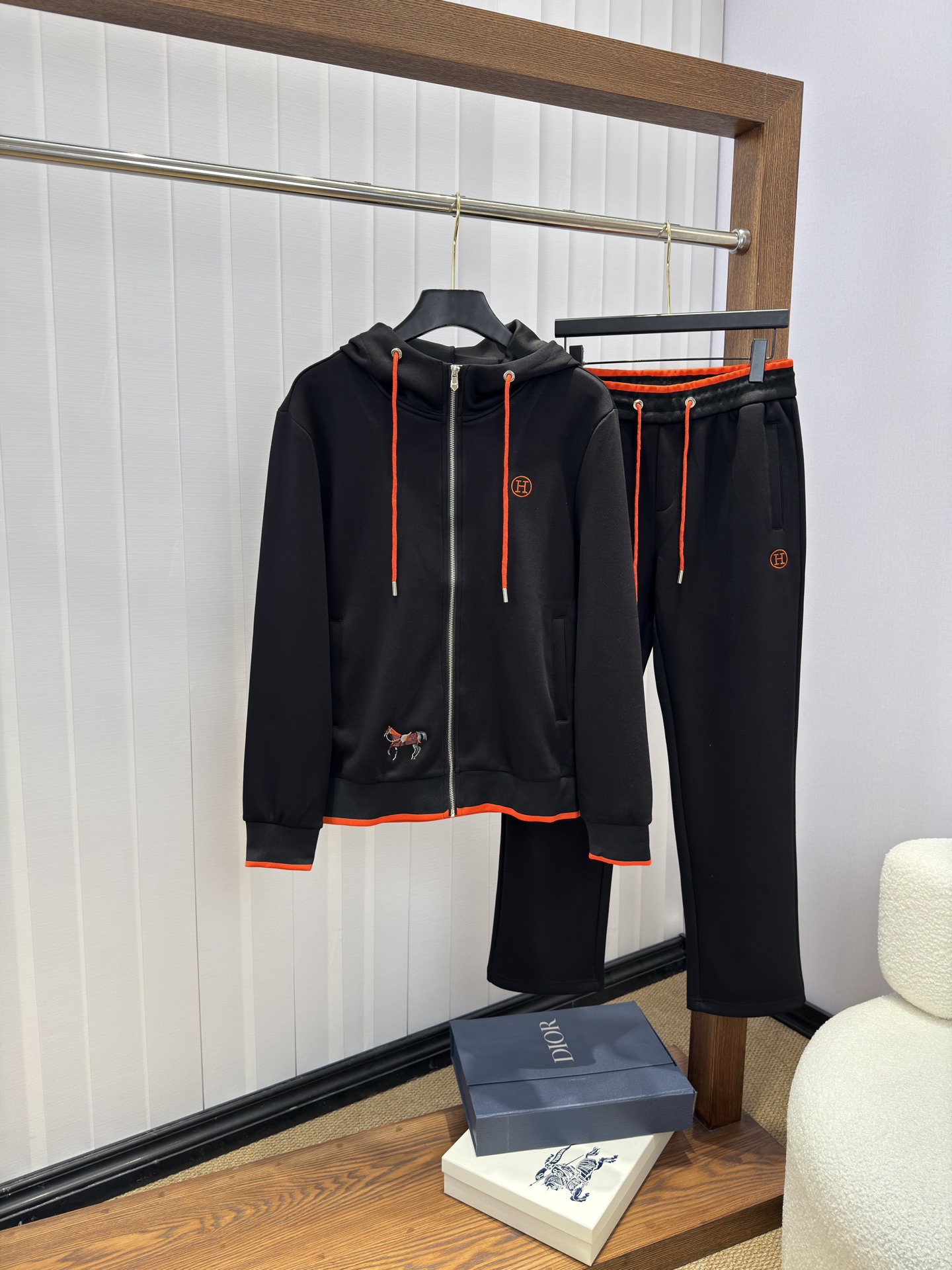 Hermes Black Orange Trim Hooded Tracksuit