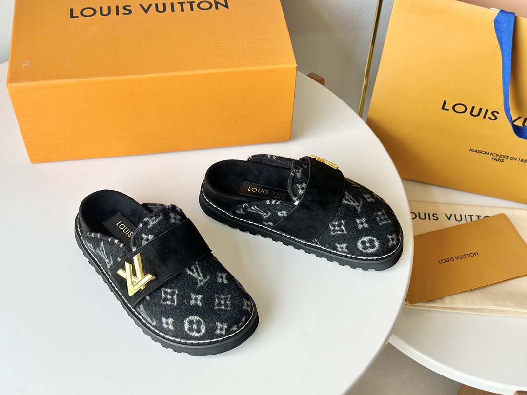 Top Quality Designer Replica
 Louis Vuitton Shoes Half Slippers Gold Hardware Wool