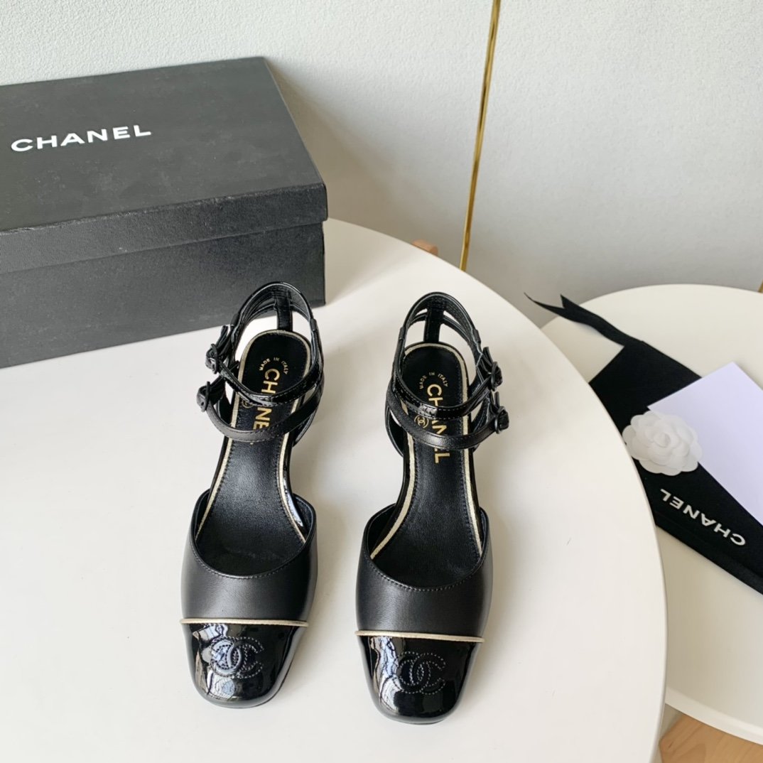 Chanel小香2024年新款方头拼色高跟凉鞋真皮底正码:35-39️订做34.40.41