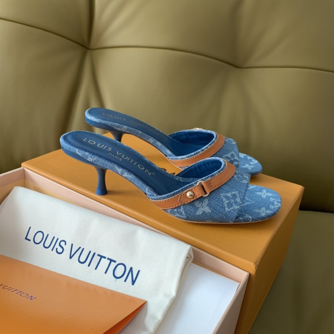 Loui*Vuitto*L️驴家24新品Revival系列牛仔小猫跟凉拖鞋️顶级品质️真皮大底️码数34