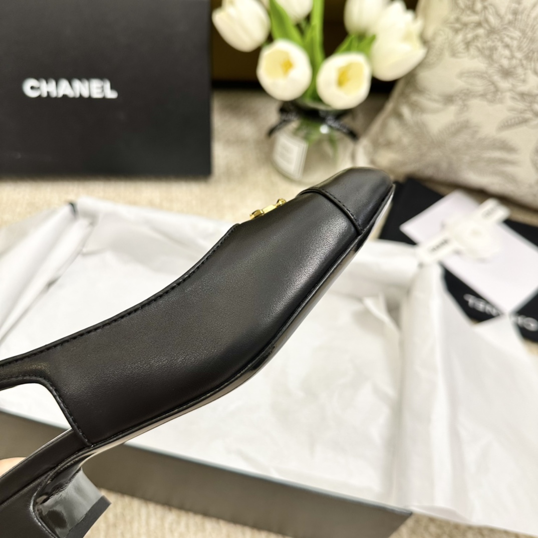 代购版chanel24anewarrival小香家24手工坊slingback小方跟搭配小方头点缀烤漆双