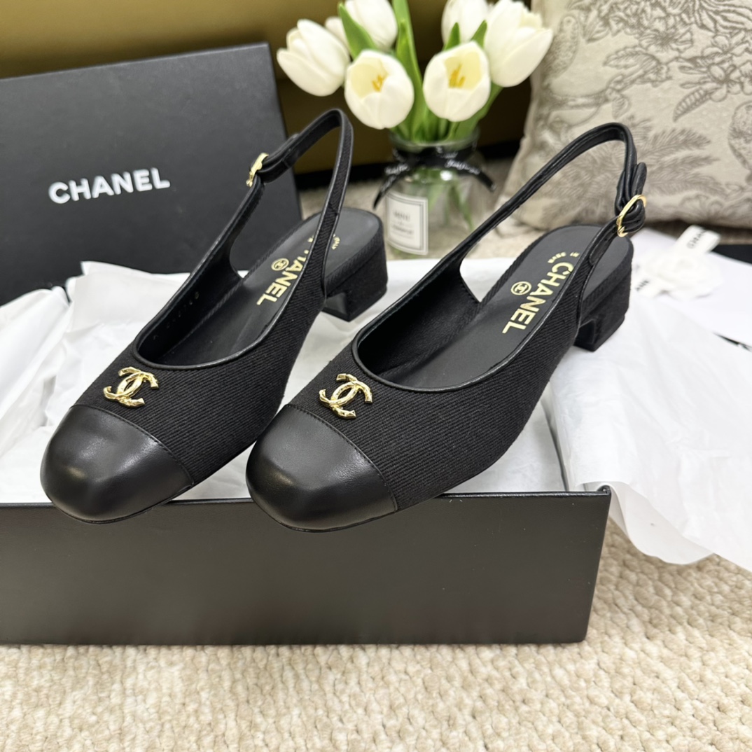 代购版chanel24anewarrival小香家24手工坊slingback小方跟搭配小方头点缀烤漆双