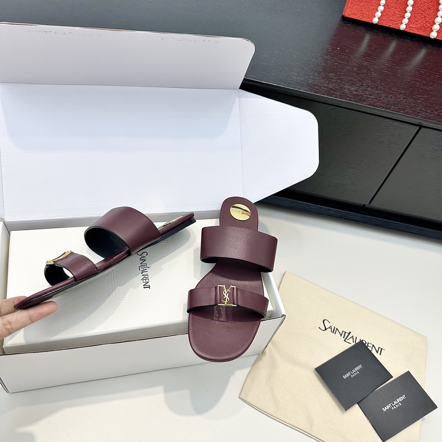 YSL Cassandra Two-Strap Slides