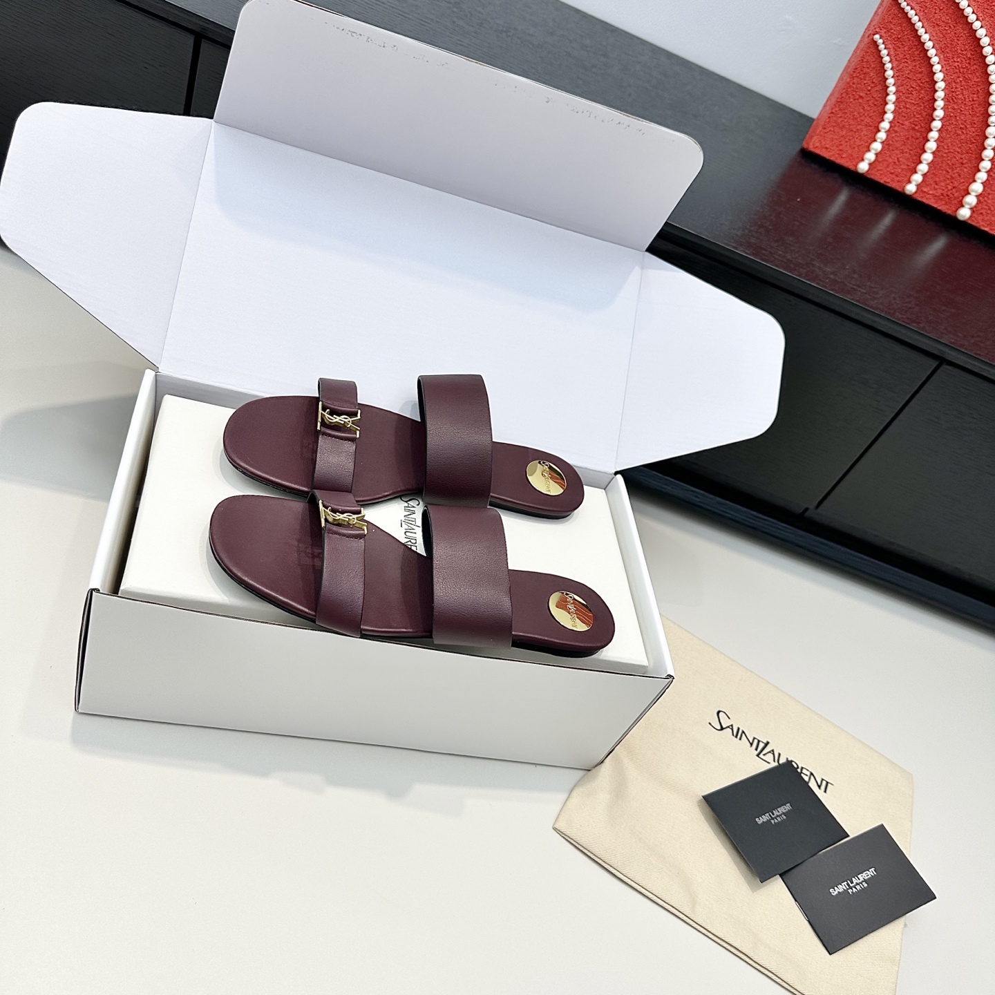 YSL Cassandra Two-Strap Slides