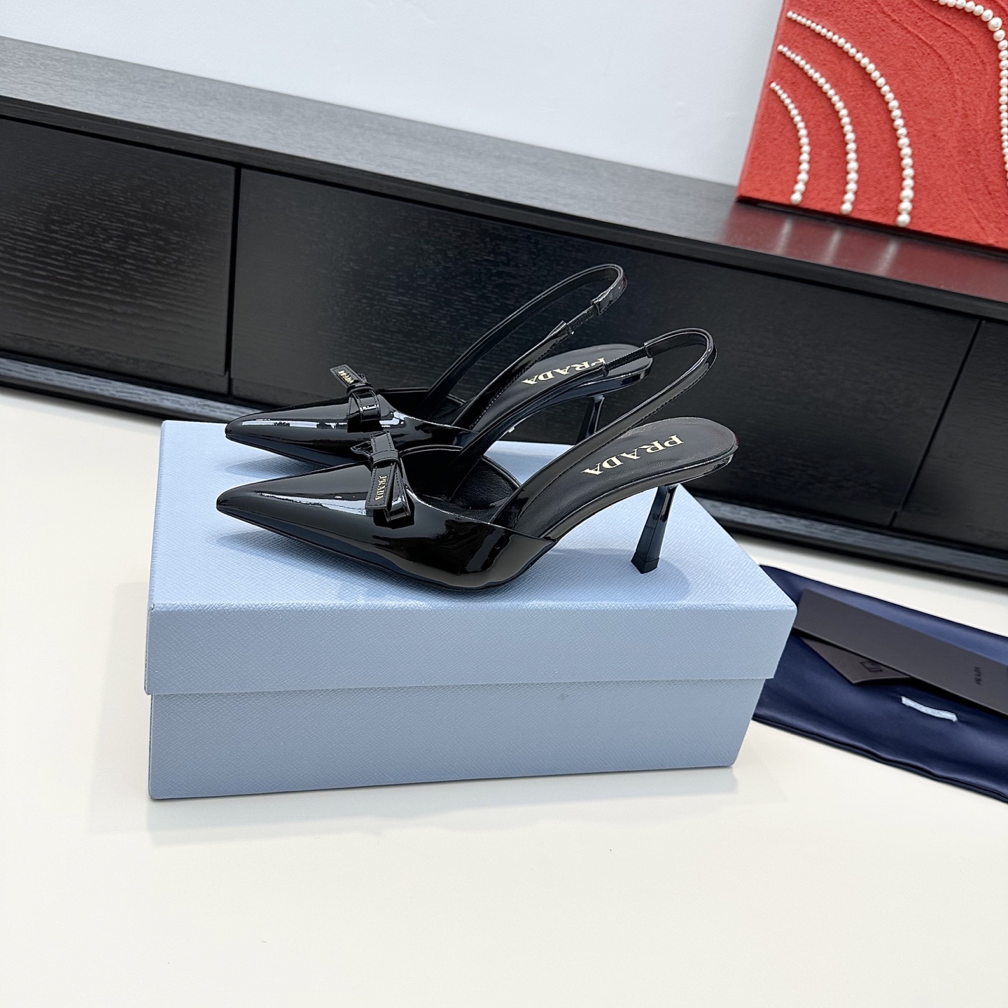 Prada Patent Bow Pointed-Toe Slingback Heels