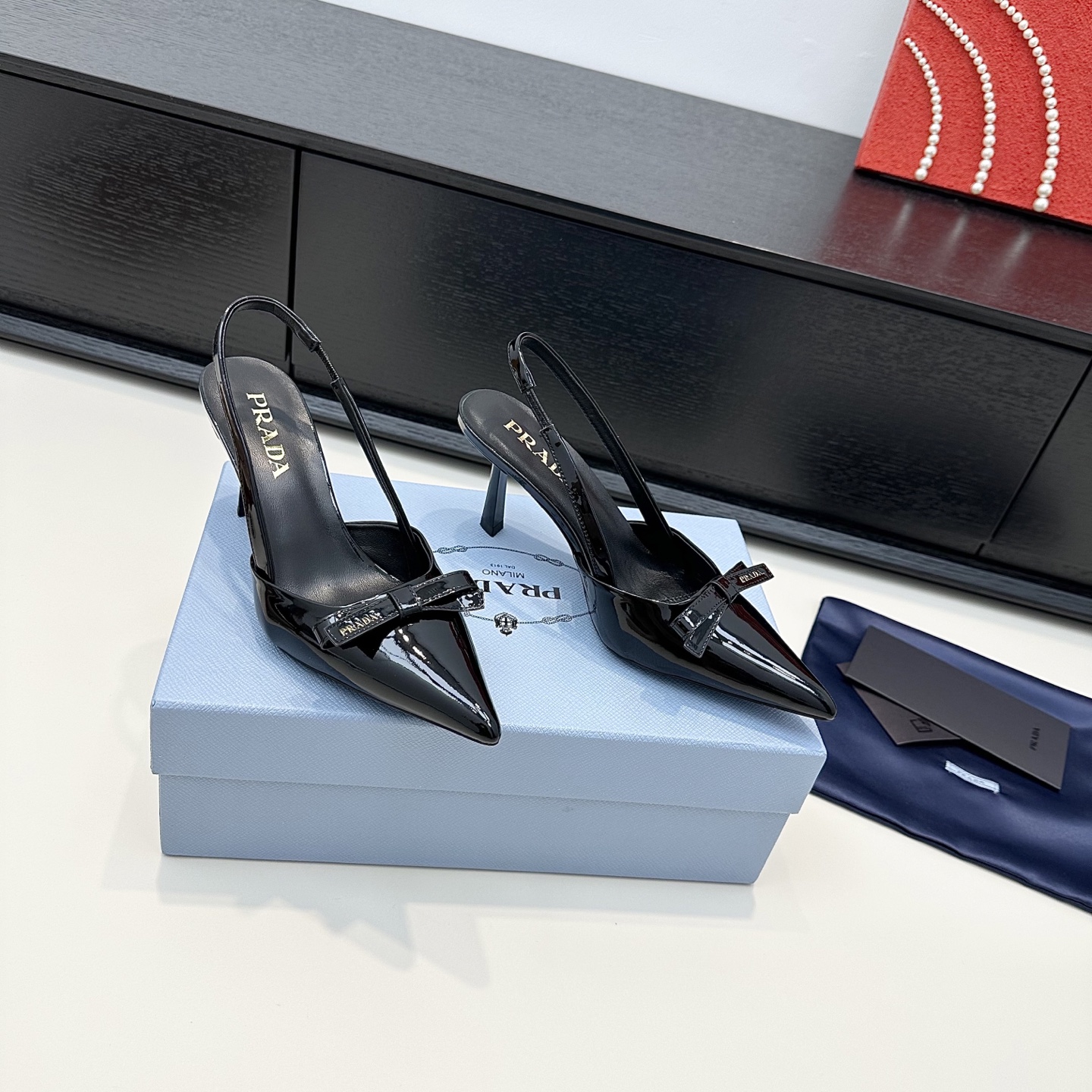 Prada Patent Bow Pointed-Toe Slingback Heels