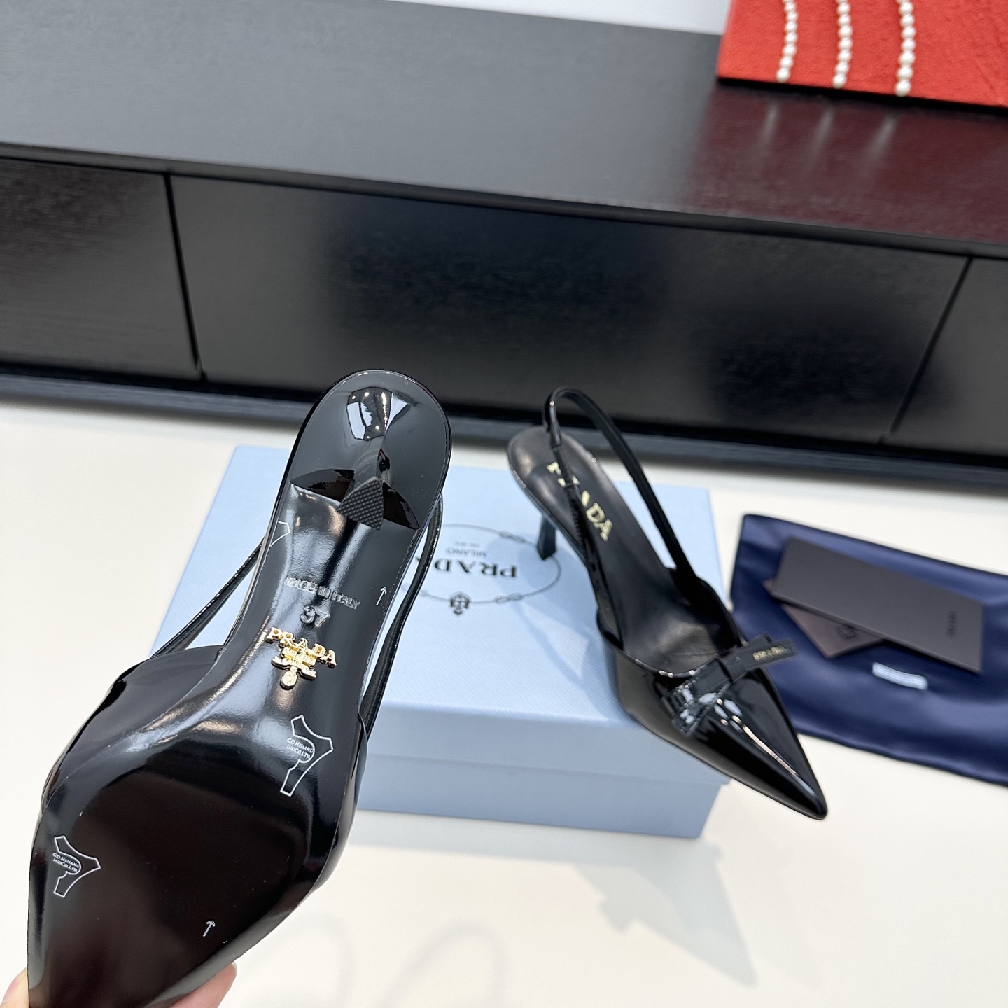 Prada Patent Bow Pointed-Toe Slingback Heels