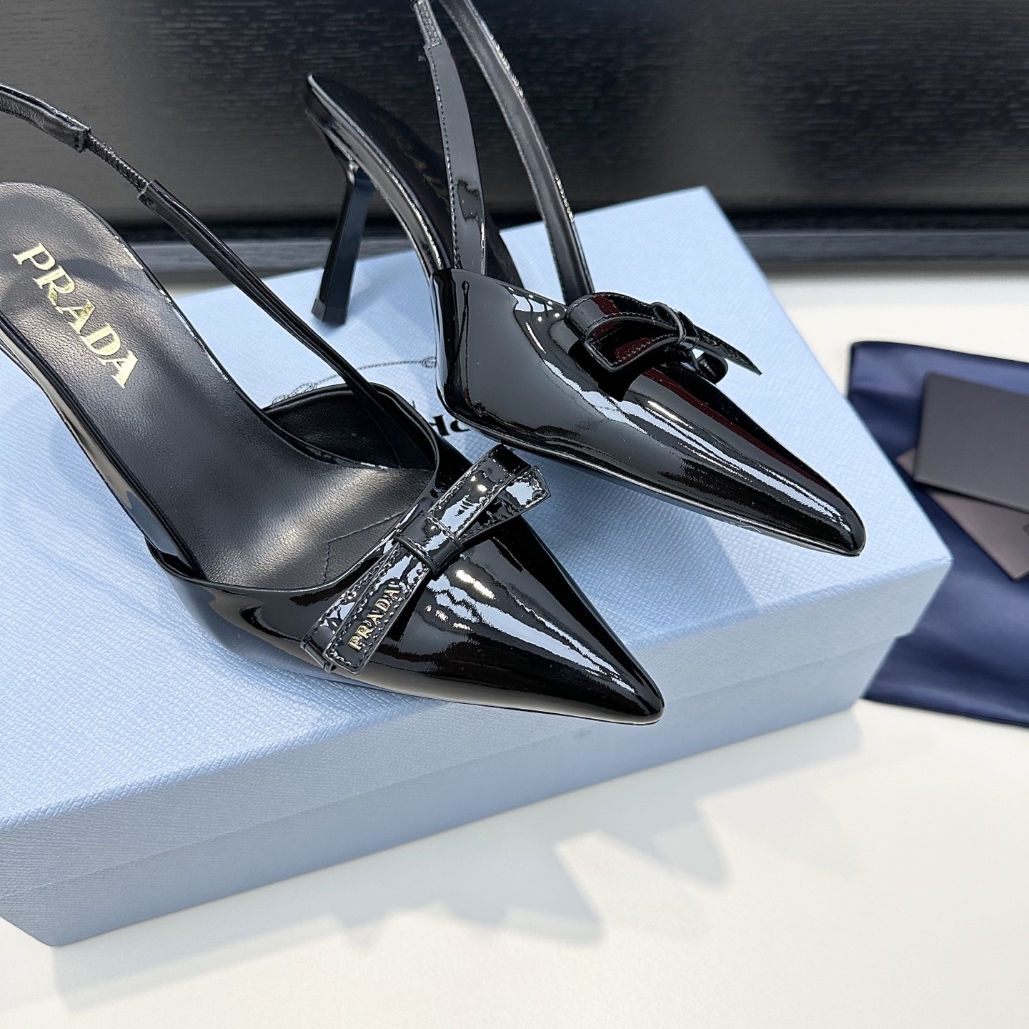 Prada Patent Bow Pointed-Toe Slingback Heels