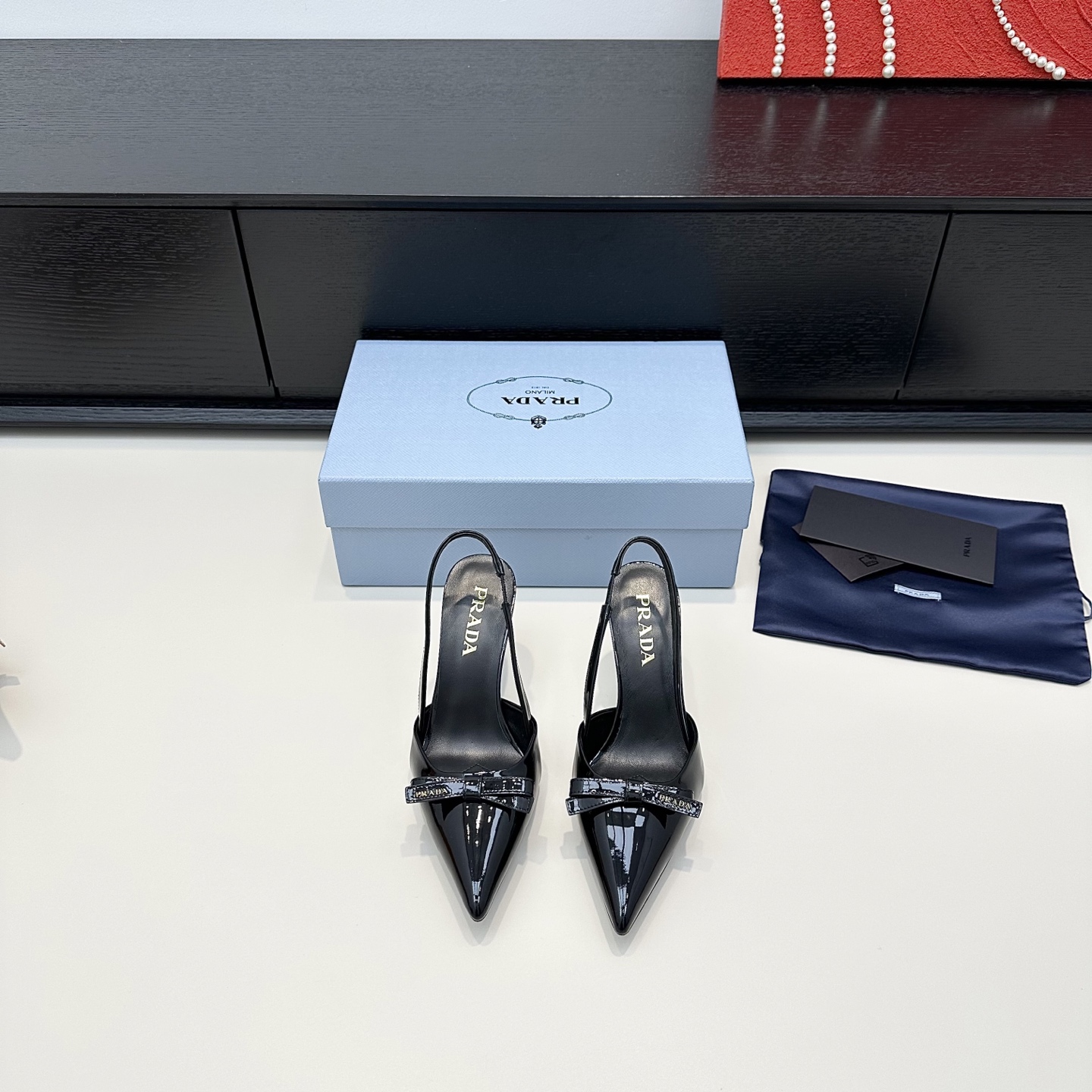 Prada Patent Bow Pointed-Toe Slingback Heels