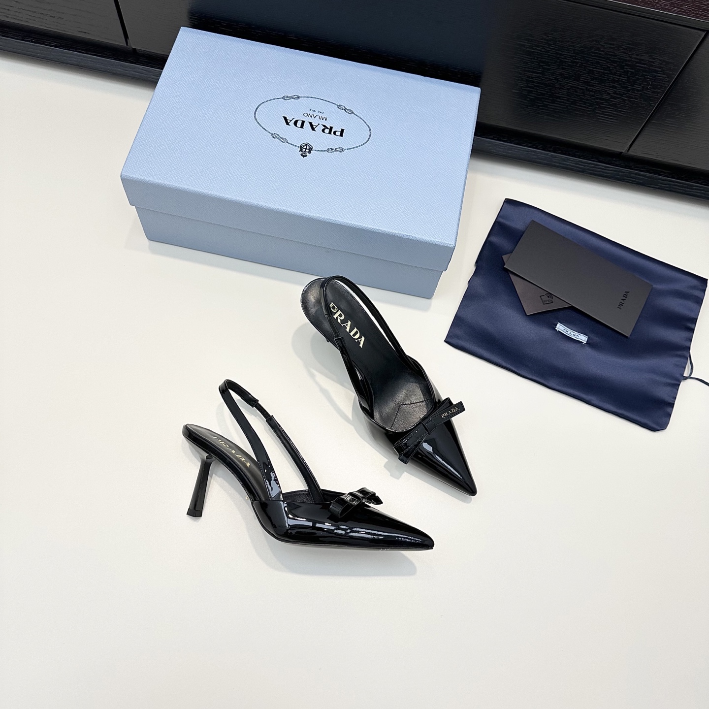 Prada Patent Bow Pointed-Toe Slingback Heels
