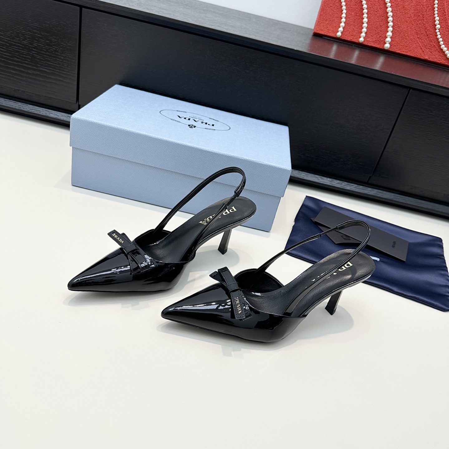 Prada Patent Bow Pointed-Toe Slingback Heels