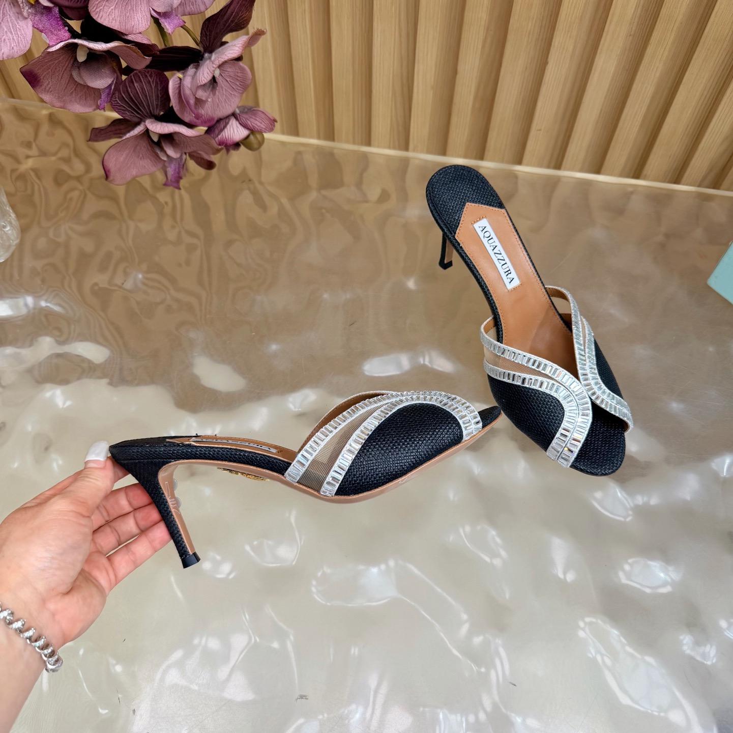 Aquazzura Crystal Trim Raffia Heel Mules
