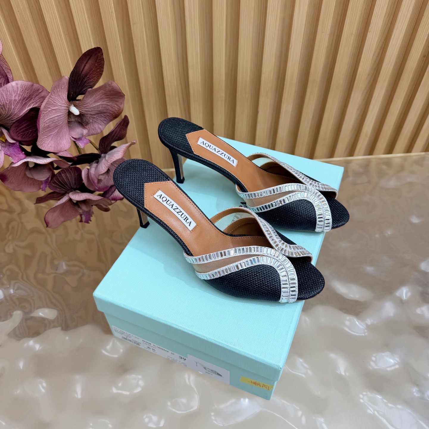 Aquazzura Crystal Trim Raffia Heel Mules
