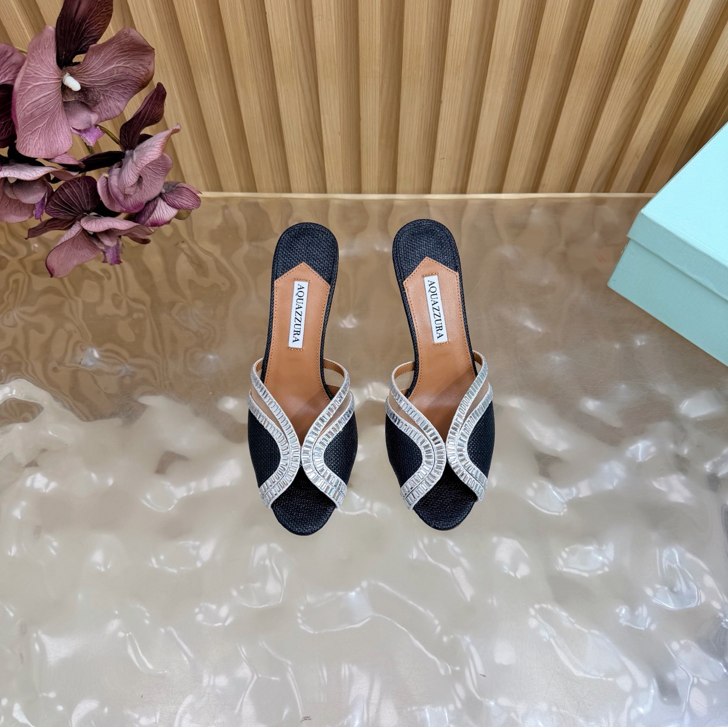 Aquazzura Crystal Trim Raffia Heel Mules