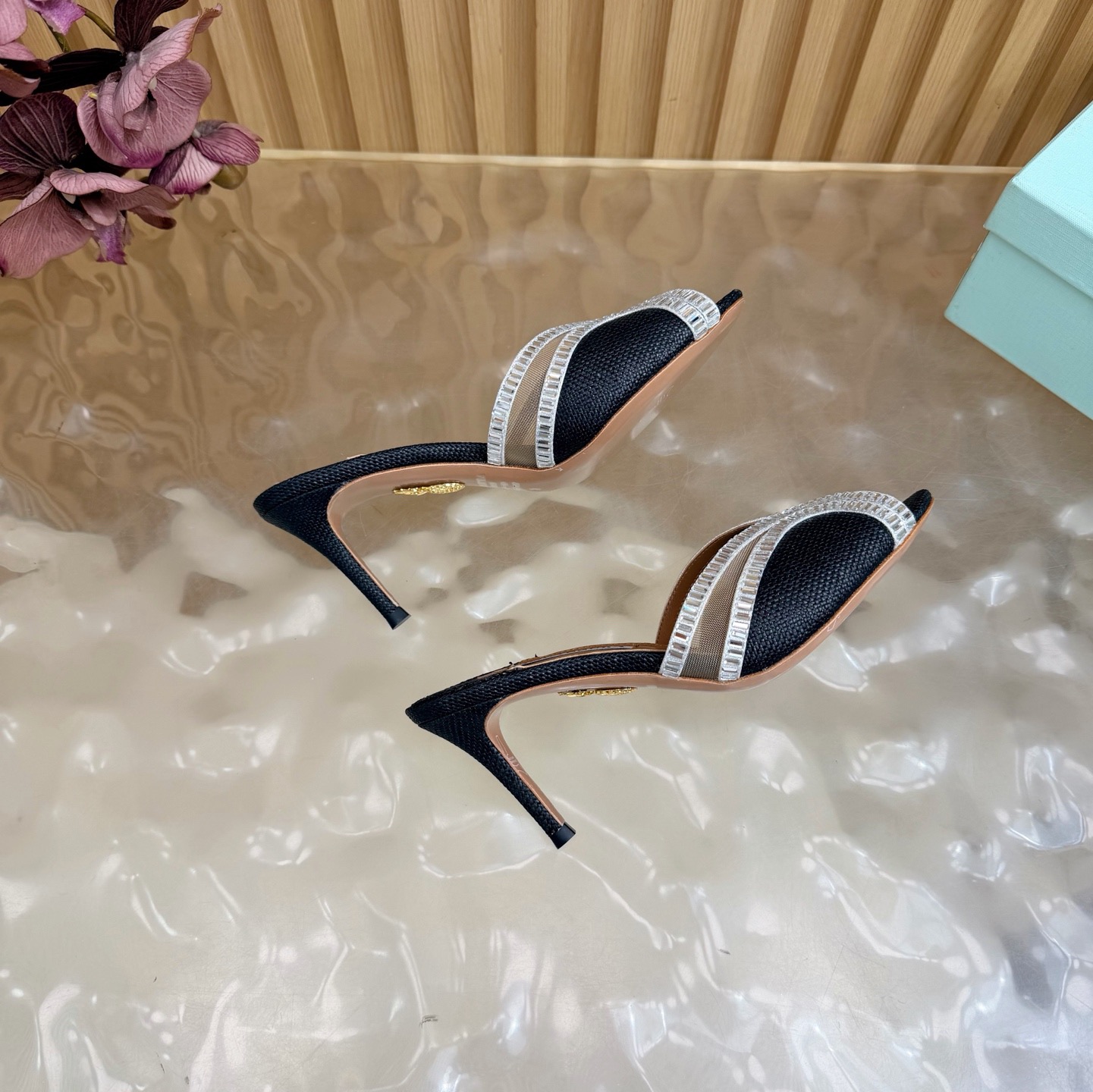 Aquazzura Crystal Trim Raffia Heel Mules