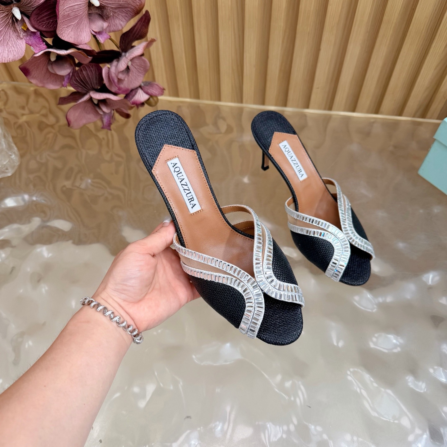 Aquazzura Crystal Trim Raffia Heel Mules