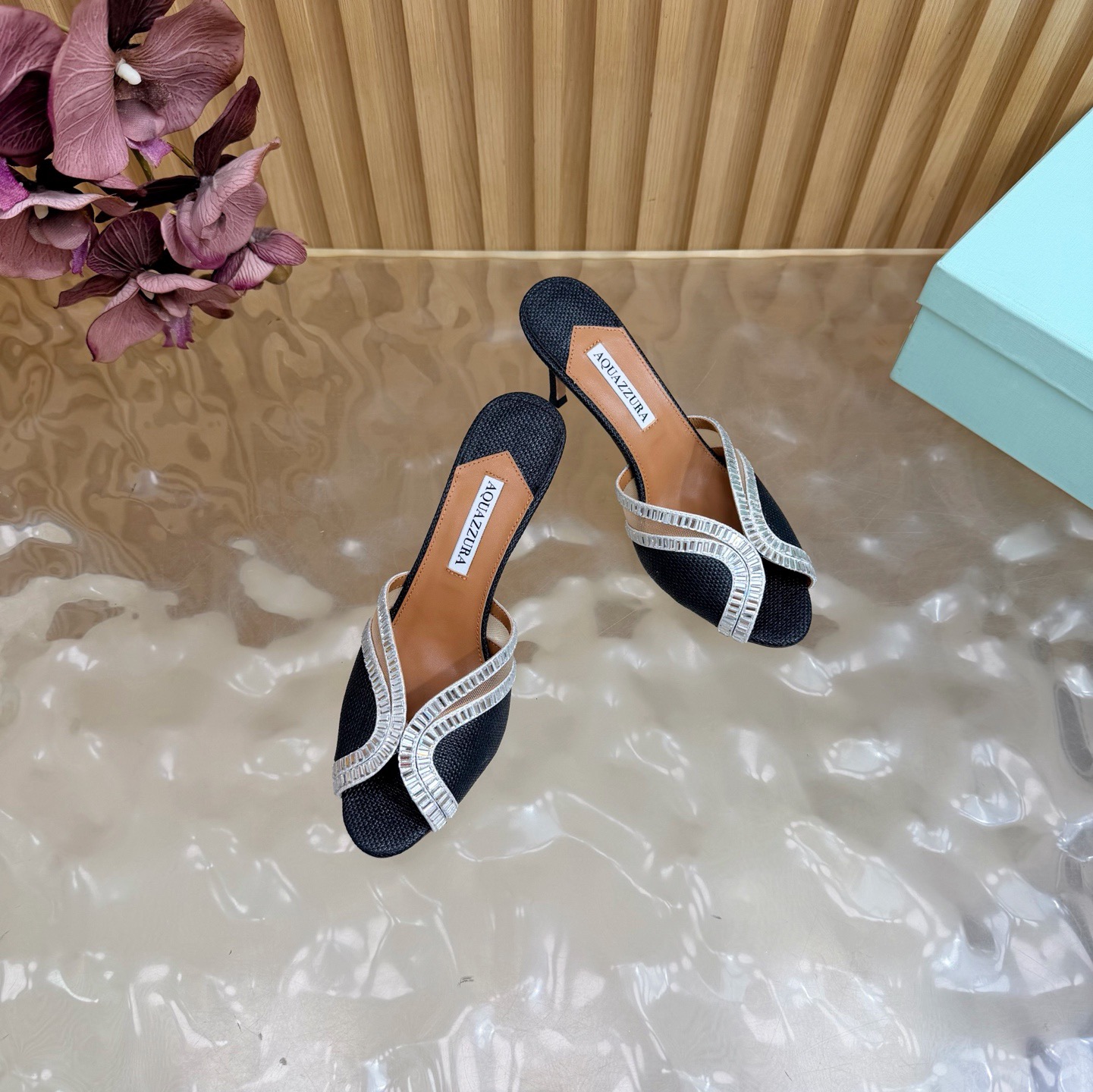 Aquazzura Crystal Trim Raffia Heel Mules